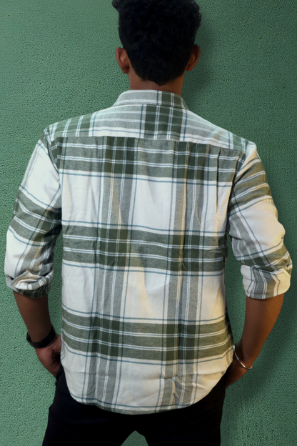 Green Checked Flannel Double Pocket Brushed Cotton Shirt
